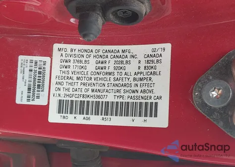 2019 Honda Civic Sport из США, поврежденный, VIN 2HGFC2F83KH536077